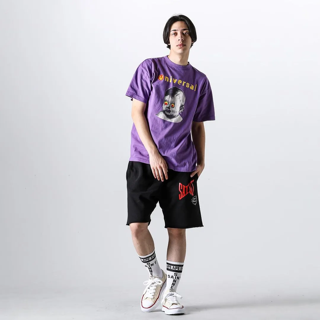 SAINT Mxxxxxx 'SAINT' SWEAT SHORTS/GRY/BLK embroidered SAINT LOGO basic shorts, distressed gray/washed black S-XL, four needles and six threads throughout, produced by a major domestic factory, imported Tajima machine embroidery, washed and distressed, original version